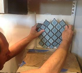 arabesque blue tile backsplash using an adhesive mat, how to, kitchen backsplash, kitchen design