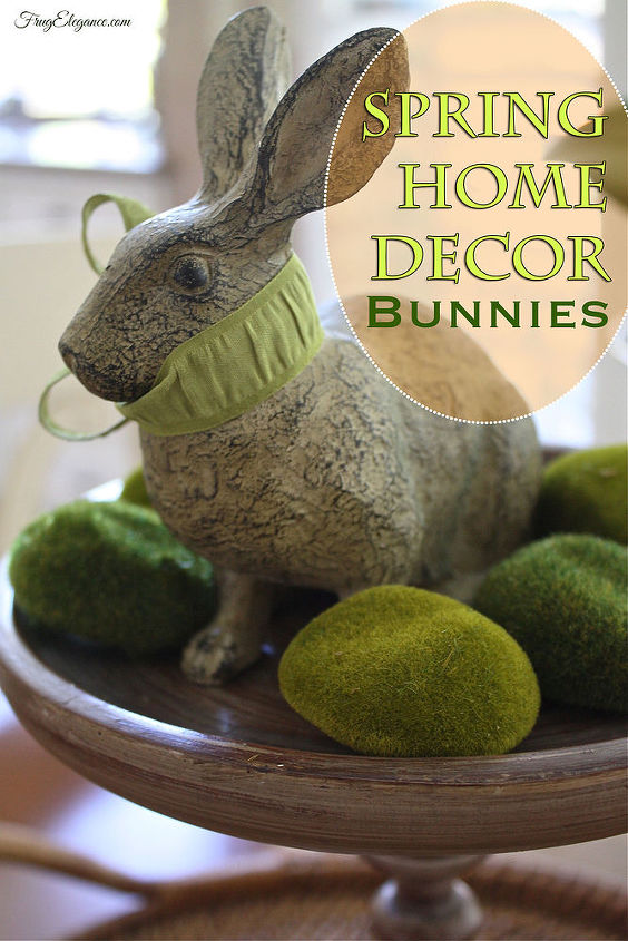spring home decor with bunnies, easter decorations, flowers, hydrangea, seasonal holiday decor
