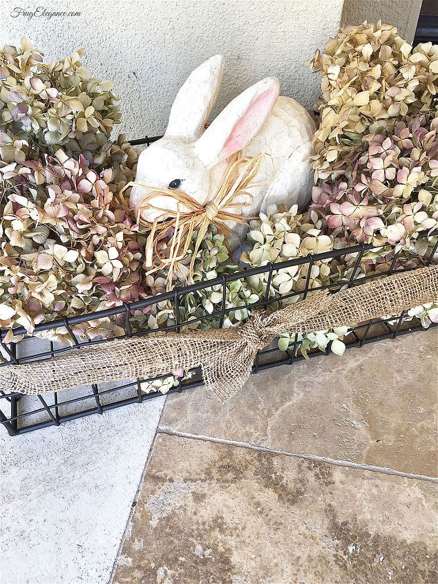 spring home decor with bunnies, easter decorations, flowers, hydrangea, seasonal holiday decor