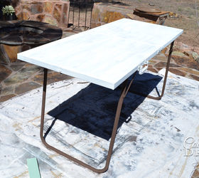 ugly metal folding table gets freshen up then redistressed with trim, painted furniture