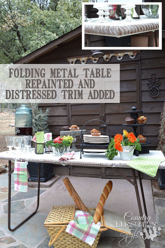 ugly metal folding table gets freshen up then redistressed with trim, painted furniture