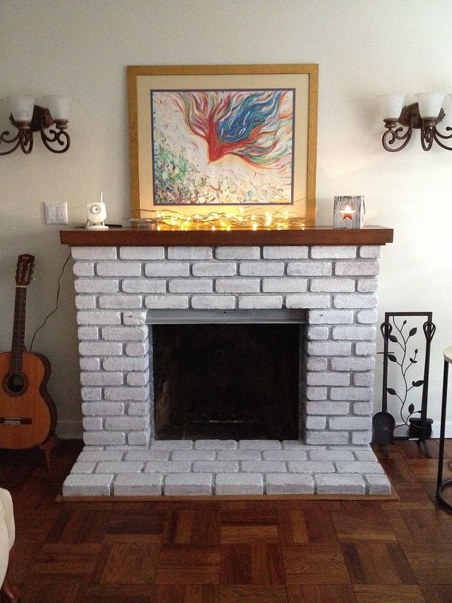easy fireplace makeover whitewash the brick, concrete masonry, fireplaces mantels, painting, and after