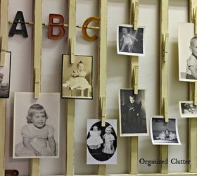 family baby photos displayed on a vintage crib rail, repurposing upcycling, wall decor