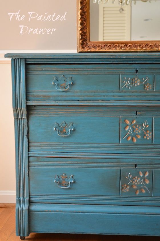 peacock blue and gold eastlake dresser, painted furniture, repurposing upcycling