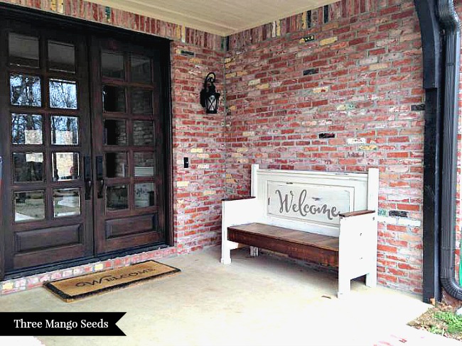 custom built welcome bench, outdoor furniture, outdoor living, painted furniture, porches, repurposing upcycling