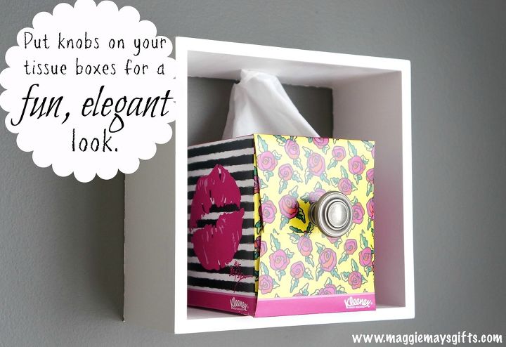 add knobs to kleenex box for fun look, bathroom ideas, crafts, repurposing upcycling, shelving ideas