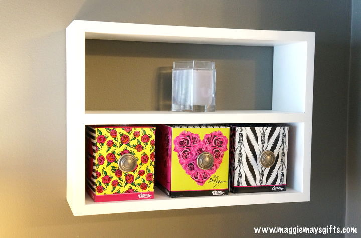 add knobs to kleenex box for fun look, bathroom ideas, crafts, repurposing upcycling, shelving ideas