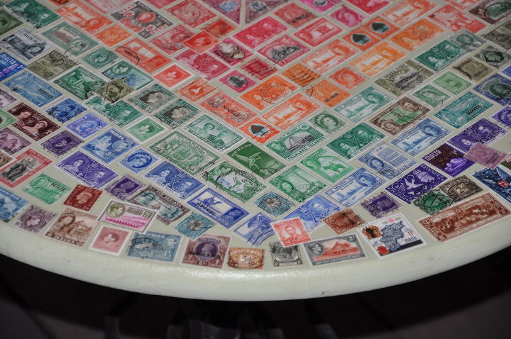 vintage postage stamp table, decoupage, painted furniture, repurposing upcycling, Table top border