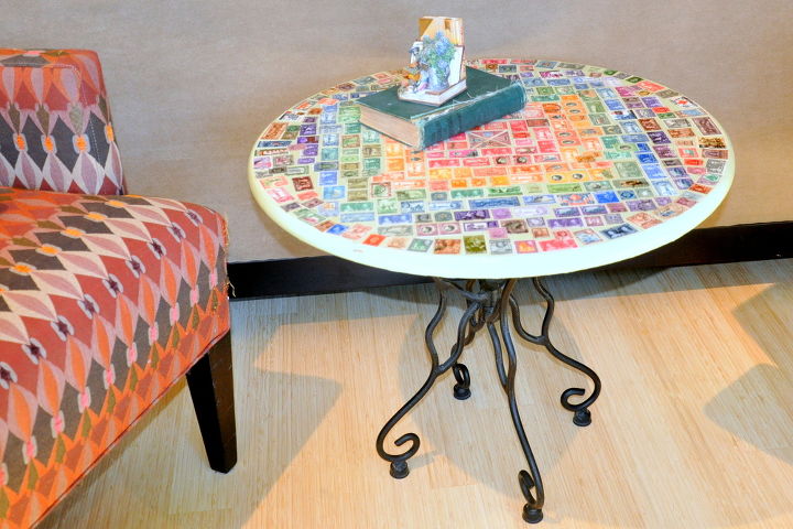 vintage postage stamp table, decoupage, painted furniture, repurposing upcycling, Side table in use