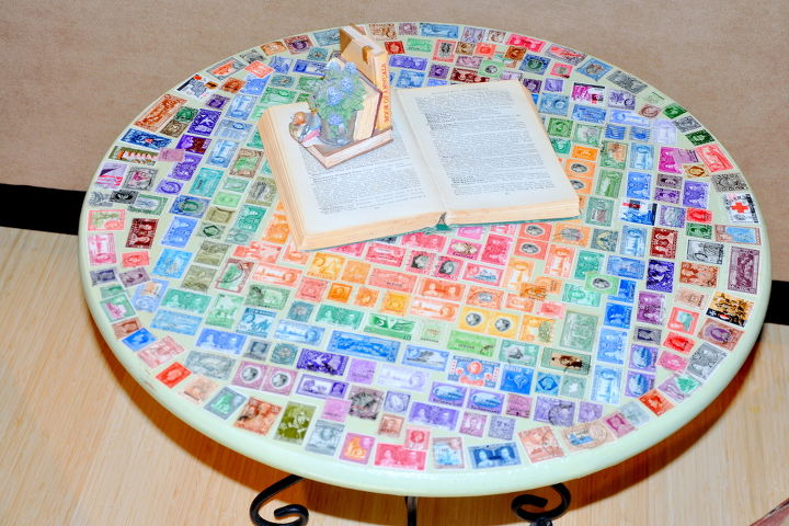 vintage postage stamp table, decoupage, painted furniture, repurposing upcycling