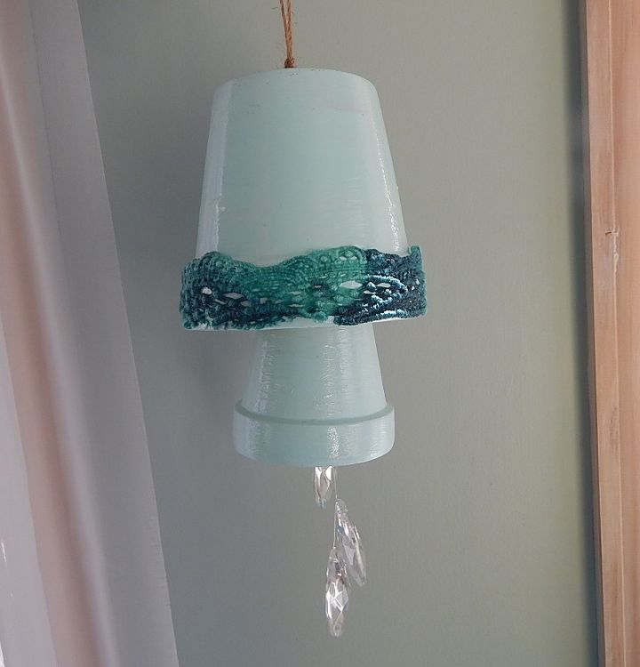 windchime made from clay pots chandelier crystals and an old shirt, crafts, gardening, outdoor living, repurposing upcycling
