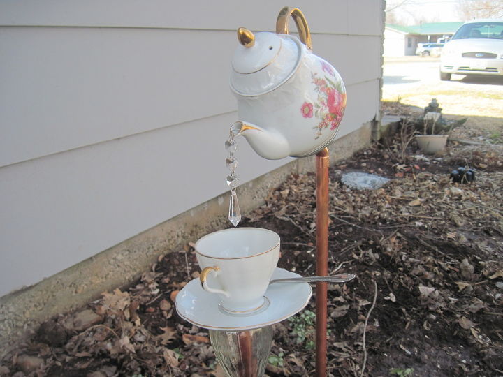 english tea pot tea cup and saucer garden stakes
