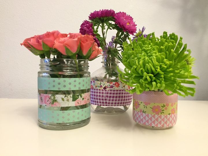 washi tape flower vases, crafts, flowers, gardening, home decor, mason jars, repurposing upcycling