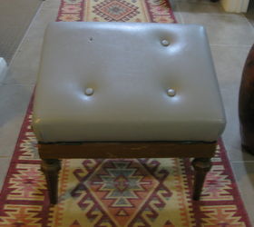 ugly grey vinyl foot stool gets a pretty makeover, chalk paint, painted furniture, reupholster, Ugly grey vinyl and missing button