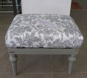 ugly grey vinyl foot stool gets a pretty makeover, chalk paint, painted furniture, reupholster, After ASCP French Linen light and dark wax
