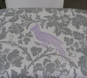 ugly grey vinyl foot stool gets a pretty makeover, chalk paint, painted furniture, reupholster, Close up of fabric Lilac cockatoo
