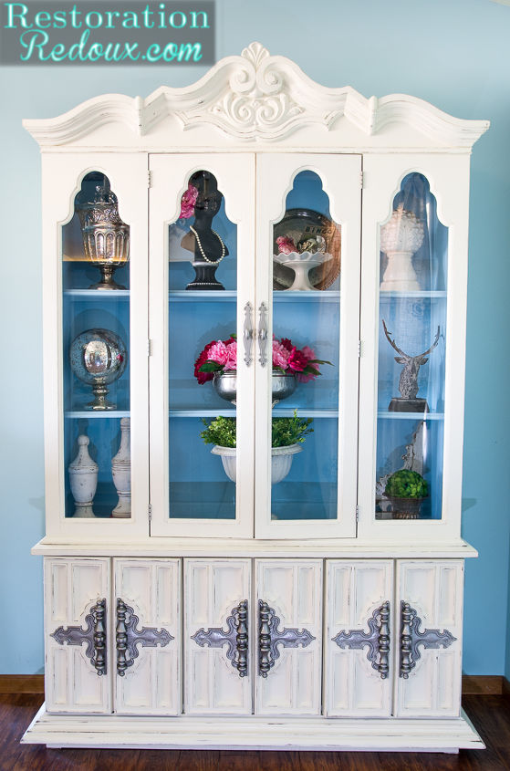 ivory and blue plaster painted china hutch, painted furniture