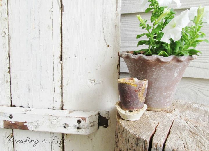 vintage chippy tabletop porch vignette, doors, outdoor living, repurposing upcycling