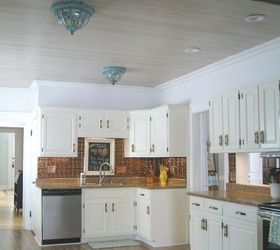 white washed paneling over a troubled ceiling, how to, kitchen design, wall decor, woodworking projects
