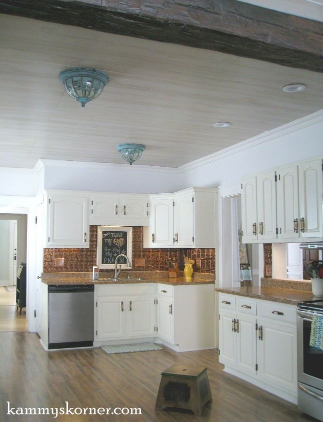 white washed paneling over a troubled ceiling, how to, kitchen design, wall decor, woodworking projects