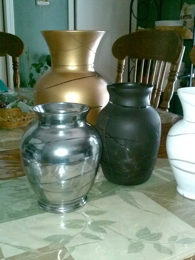 rubber band spray painted vases, crafts, how to, silver 1sprayed with looking glass paint