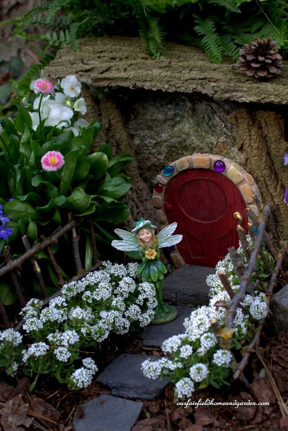 fairy garden enchanted guardians arrive, container gardening, gardening, Fiona Fairy by her floral home
