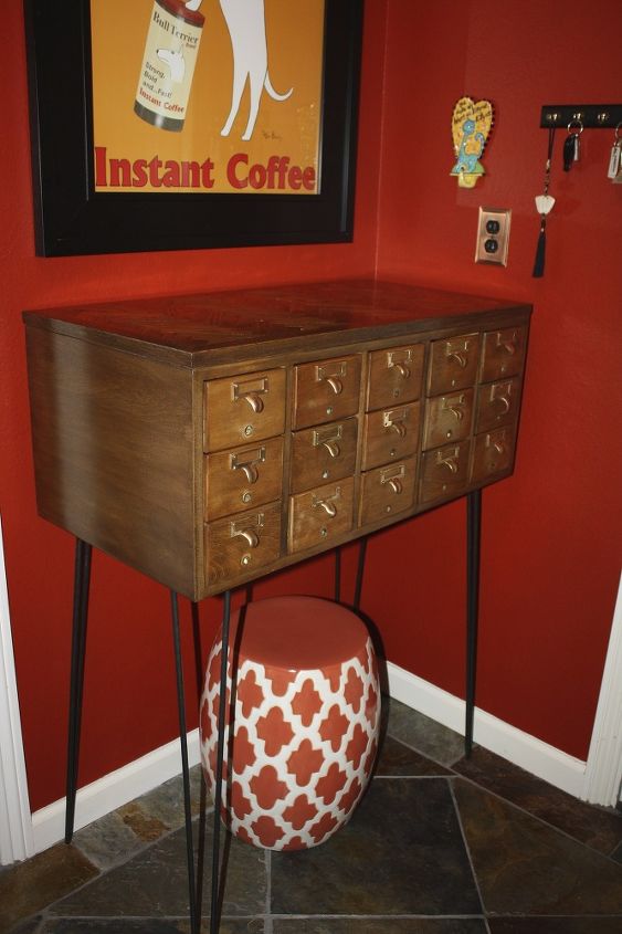 the elusive card catalog and how i repurposed mine, painted furniture, repurposing upcycling, wine bottles fit perfectly inside the drawers