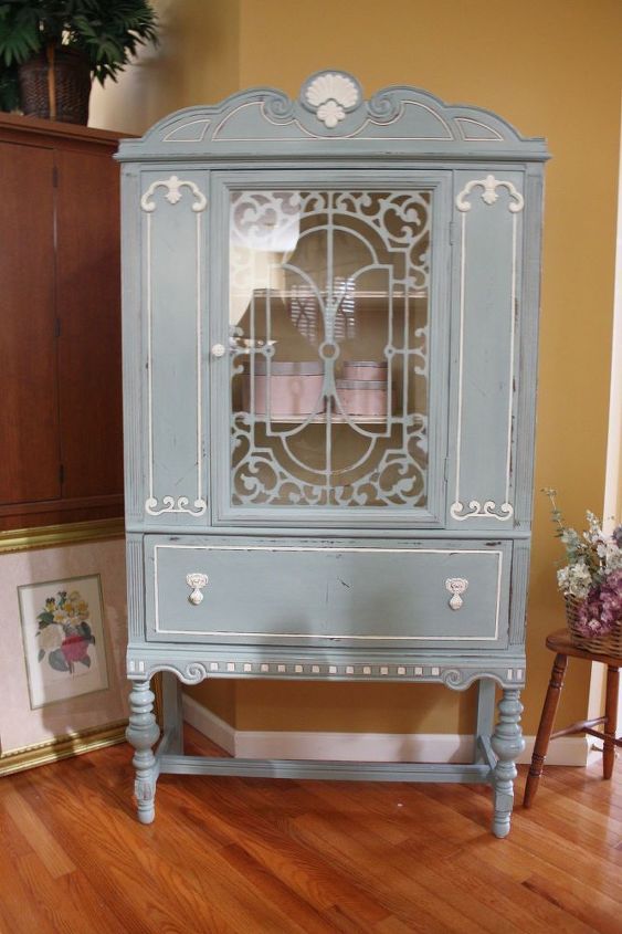 blue white vintage china cabinet, chalk paint, painted furniture, repurposing upcycling