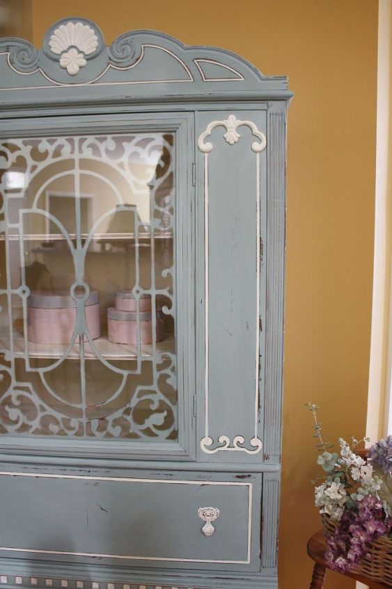 blue white vintage china cabinet, chalk paint, painted furniture, repurposing upcycling