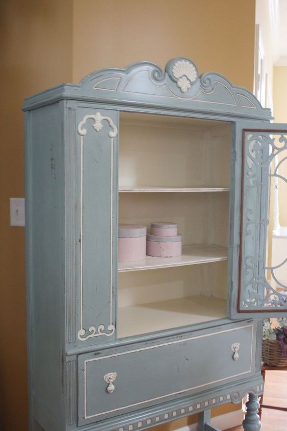 blue white vintage china cabinet, chalk paint, painted furniture, repurposing upcycling