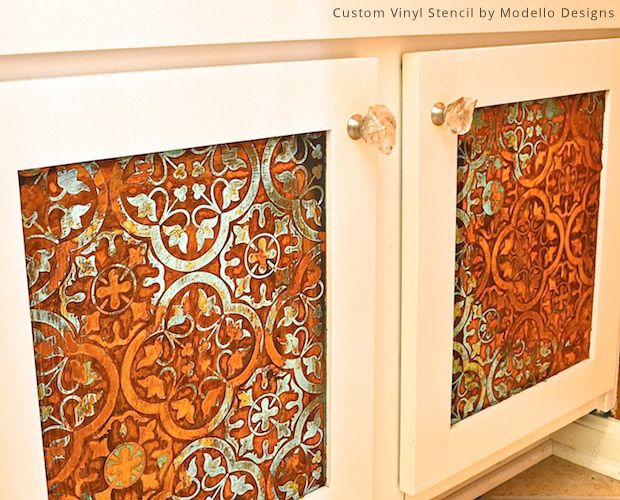 how to stencil a rustic patina pattern on bathroom cabinets, bathroom ideas, how to, painting