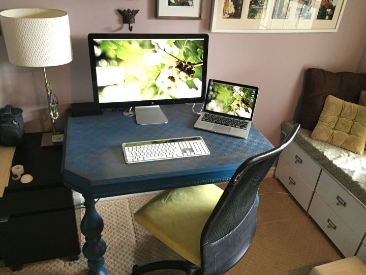 dining room table converted to desk, how to, painted furniture, repurposing upcycling, The finished desk in place