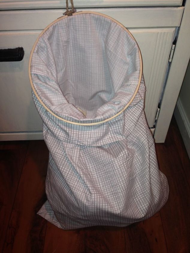 diy laundry bag using embroidery hoop, bathroom ideas, bedroom ideas, closet, crafts, laundry rooms, repurposing upcycling