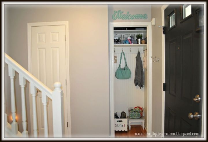 coat closet turned mini mudroom, closet, foyer, organizing
