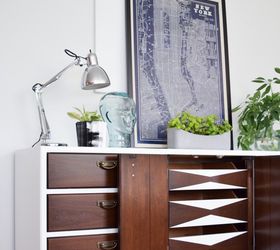 fresh and modern high gloss credenza with geometric drawers, painted furniture, repurposing upcycling