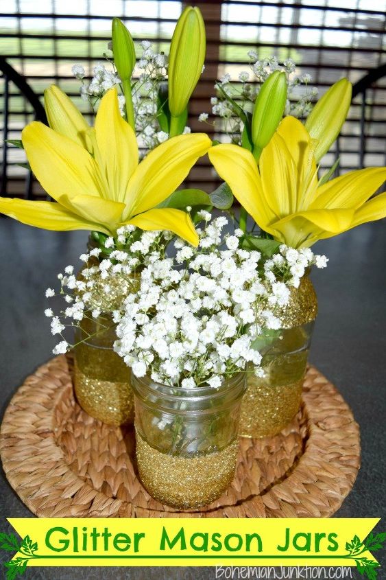 glitter mason jar vases, flowers, gardening, home decor, how to, mason jars, repurposing upcycling