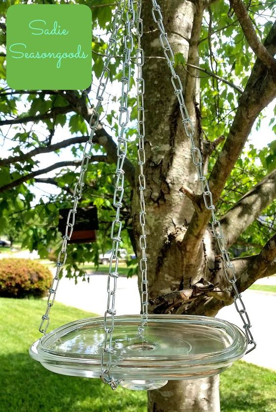 repurposed glass lid hanging bird bath, gardening, how to, outdoor living, repurposing upcycling