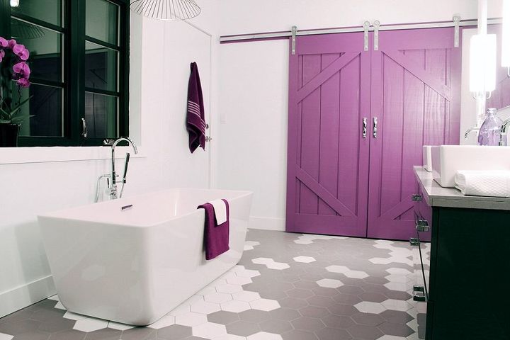 diy reveal bold beautiful master bath retreat, bathroom ideas, doors, home improvement, tiling, After Freestanding tub DIY barn doors