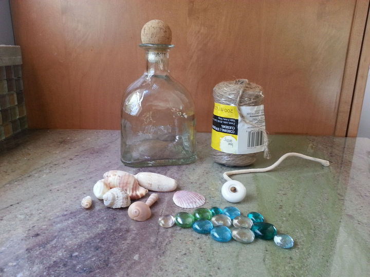 liquor bottle repurpose coastal candle, crafts, how to, repurposing upcycling, Some of the items I started with