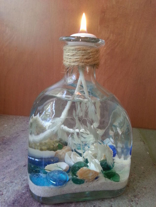 liquor bottle repurpose coastal candle, crafts, how to, repurposing upcycling