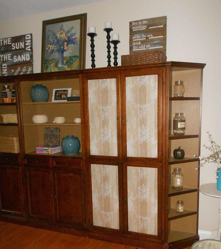 cabinet with glass doors makeover with wallpaper, painted furniture