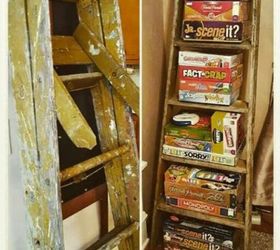 repurposed wooden ladder to board game storage, organizing, repurposing upcycling, storage ideas