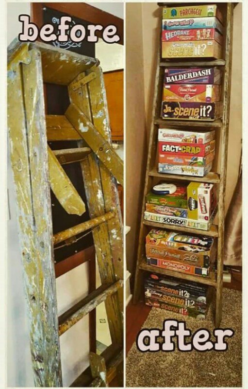 repurposed wooden ladder to board game storage, organizing, repurposing upcycling, storage ideas