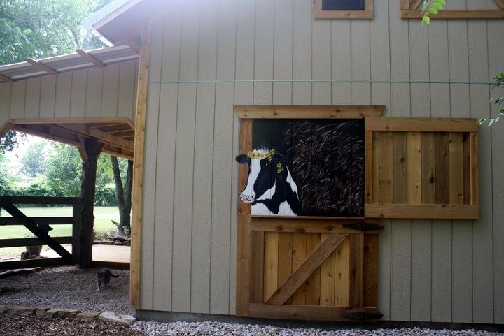 cow painting on barn door, crafts, outdoor living, My sweet hippie heifer Ruby Lou
