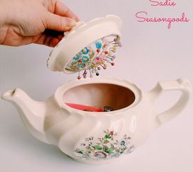 vintage teapot sewing caddy with hidden pincushion, crafts, how to, repurposing upcycling
