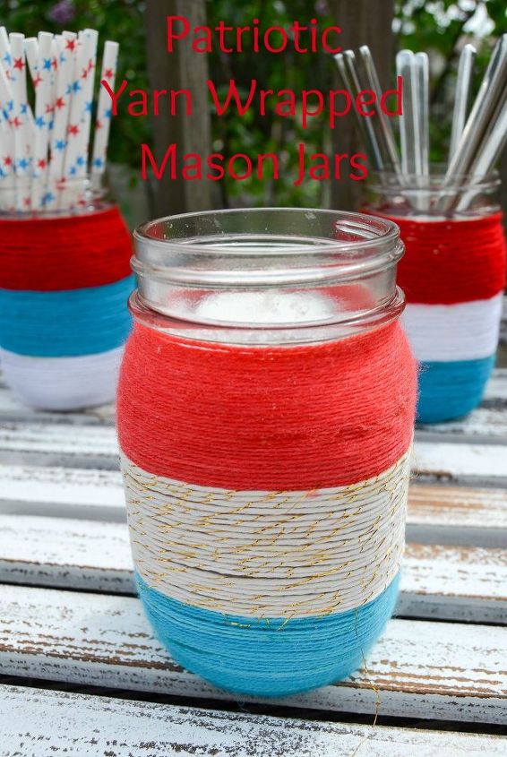 patriotic yarn wrapped mason jars, crafts, decoupage, how to, mason jars, patriotic decor ideas, repurposing upcycling, seasonal holiday decor