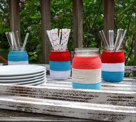 patriotic yarn wrapped mason jars, crafts, decoupage, how to, mason jars, patriotic decor ideas, repurposing upcycling, seasonal holiday decor