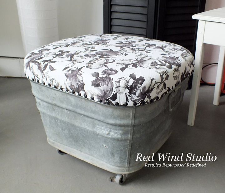 wash tub ottoman, painted furniture, repurposing upcycling, reupholster