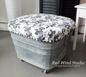 wash tub ottoman, painted furniture, repurposing upcycling, reupholster