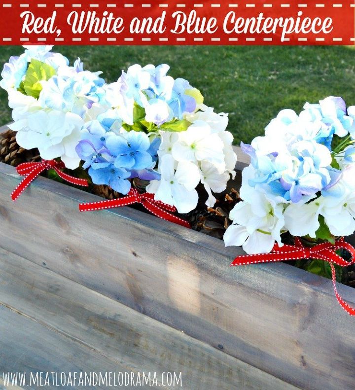 patriotic red white and blue outdoor centerpiece, hydrangea, outdoor living, patriotic decor ideas, repurposing upcycling, seasonal holiday decor